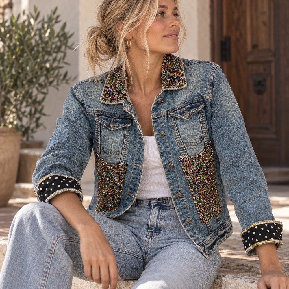 Antica Sartoria Denim Jacket Womens 4 Blue Beaded Embellished Giacomo Cinque